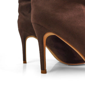 KRYSIA-1 POINTY TOE SCULPT KNEE HIGH BOOTS W/ STILETTO CHOCOLATE