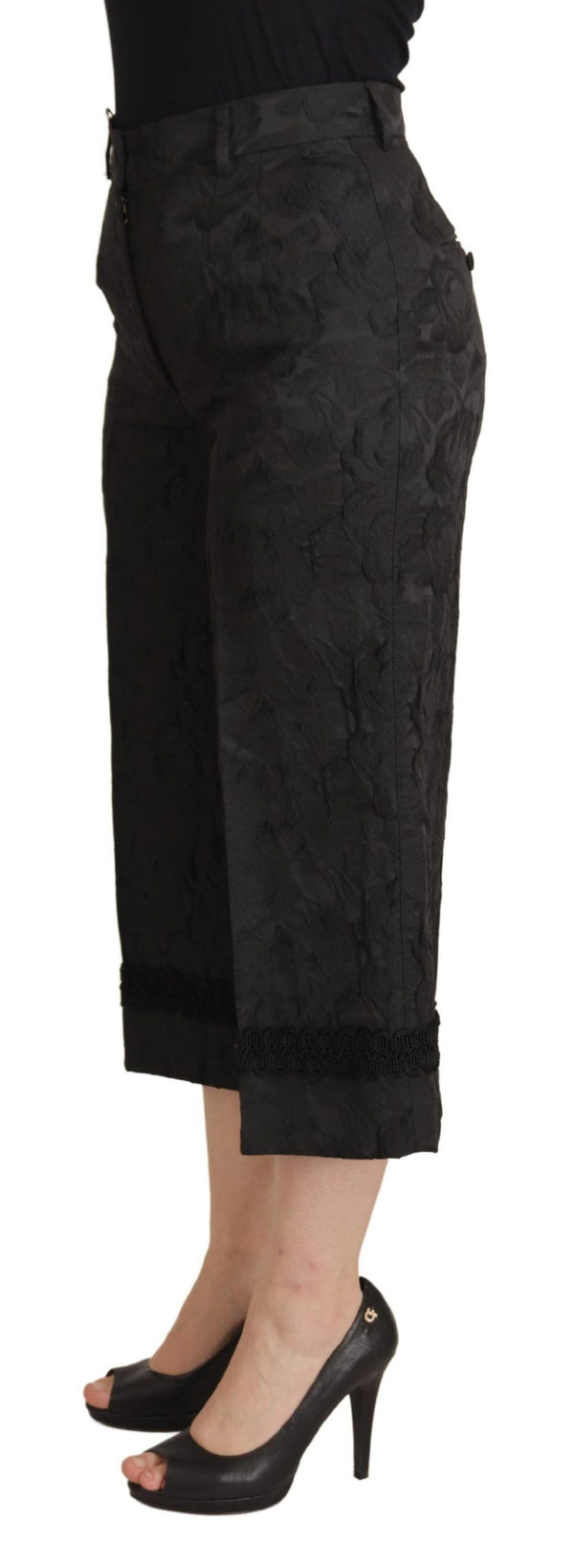 Black Brocade Cropped High Waist Pants