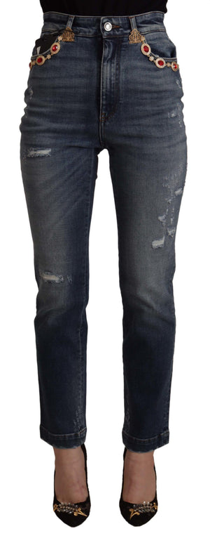 Blue Denim Crystal Embellished Pants Jeans
