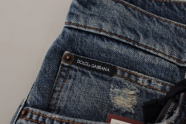 Blue Denim Baroque Heart Logo Patch Pants Jeans