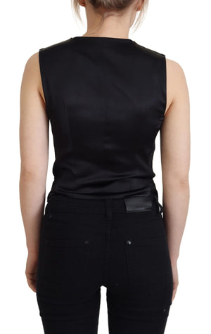 Black Brocade Button Down Sleeveless Vest Top