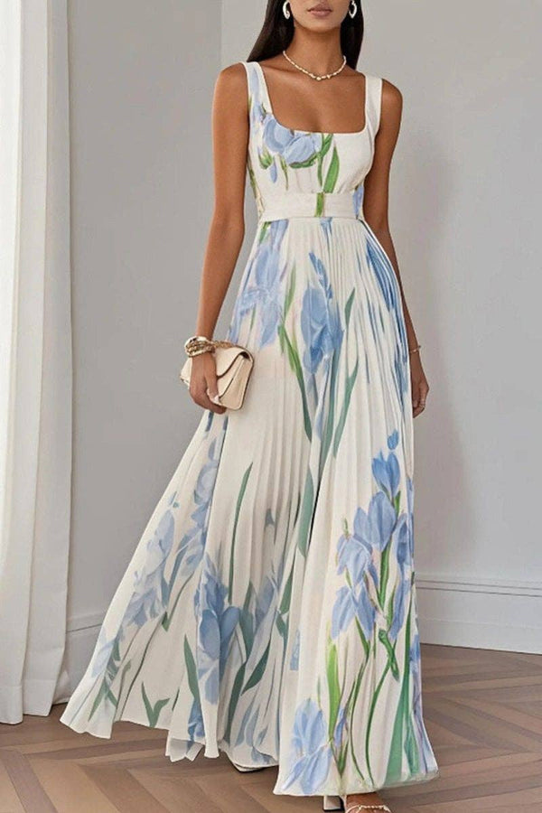 Blue Floral Pleated Maxi Dress