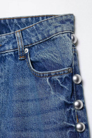 Pearl Embellished Wide-Leg Denim Jeans