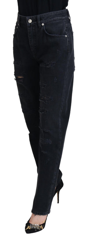 Black Cotton Tattered High Waist Denim Jeans