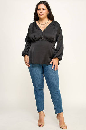 Plus size Black Satin Babydoll Blouse KY18250-T