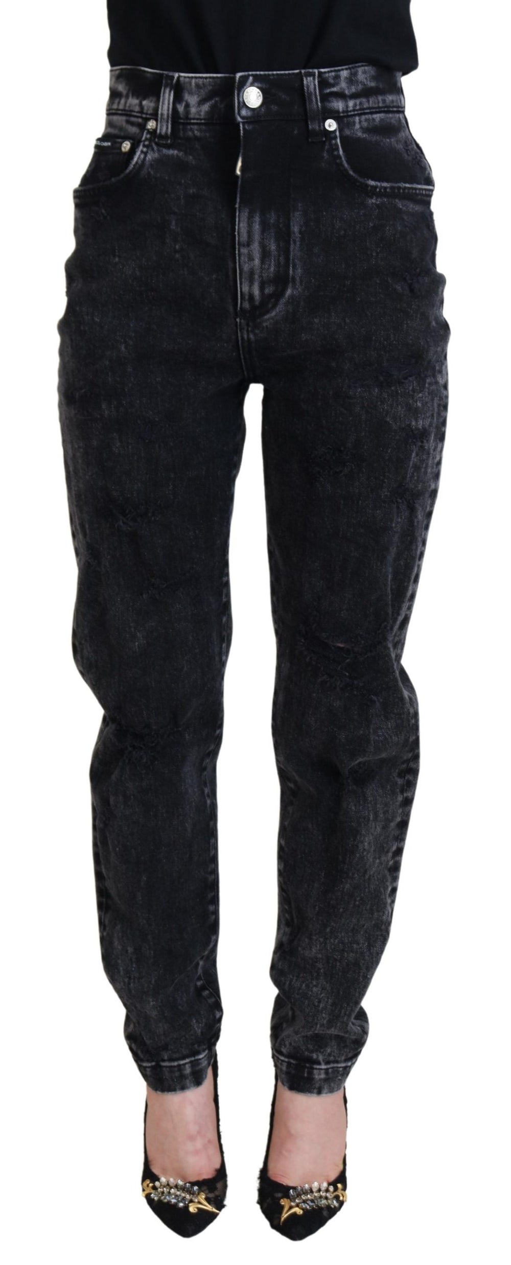 Black Washed Cotton High Waist Denim Jeans