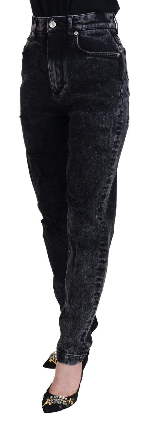 Black Washed Cotton High Waist Denim Jeans