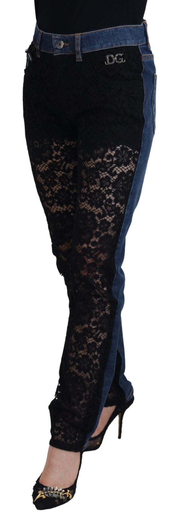 Black Floral Lace Front Skinny Denim Jeans