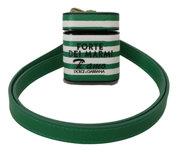 Green Leather Strap Gold Metal Logo Airpods Case