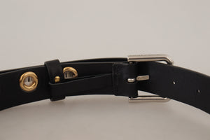 Black Leather Eyelet Silver Tone Metal Buckle Belt