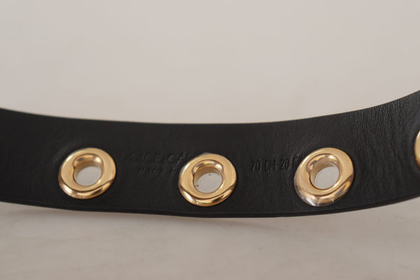 Black Leather Eyelet Silver Tone Metal Buckle Belt