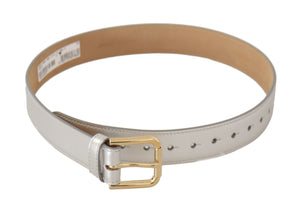 Silver Leather Gold Tone Logo Metal Buckle Belt