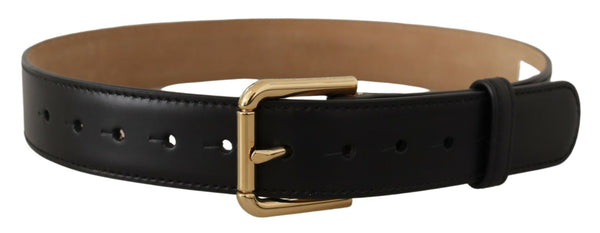 Black Solid Leather Classic Gold Waist Buckle Belt