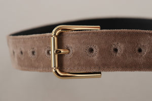Light Brown Velvet Gold Tone Logo Metal Buckle Belt