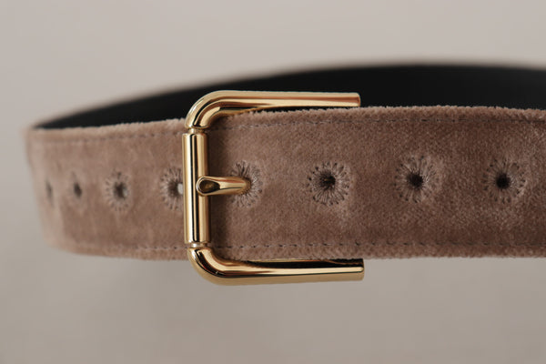 Light Brown Velvet Gold Tone Logo Metal Buckle Belt