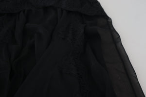 Black Silk Lace Trim High Waist Midi Skirt