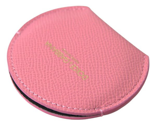 Pink Calfskin Leather Round Logo Print Hand Mirror Holder