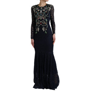 Blue Crystal Floral Lace Long Gown Dress