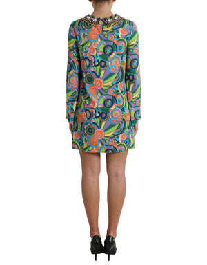 Multicolor Geometric Print Silk Crystals Midi Dress