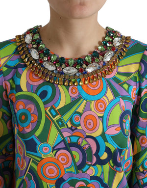 Multicolor Geometric Print Silk Crystals Midi Dress