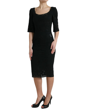 Black Floral Lace Viscose Bodycon Midi Dress