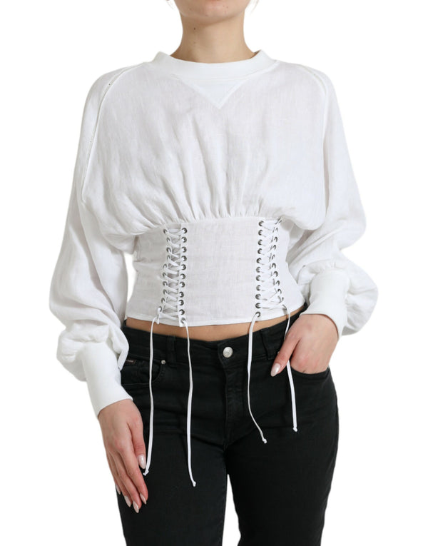 White Cotton Corset Cropped Long Sleeves Topclothing