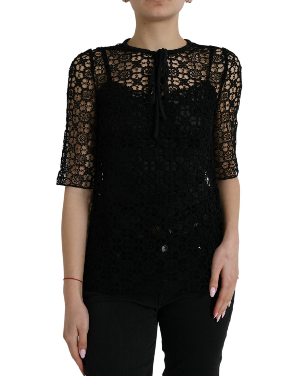 Black Floral Lace Short Sleeves Blouse Top