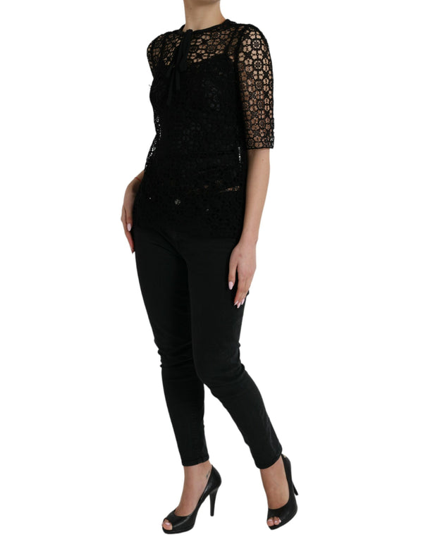 Black Floral Lace Short Sleeves Blouse Top