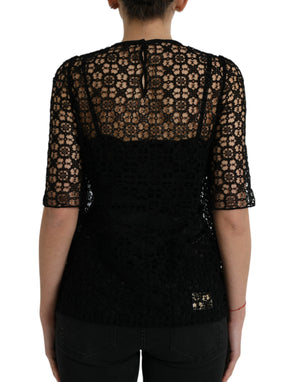 Black Floral Lace Short Sleeves Blouse Top