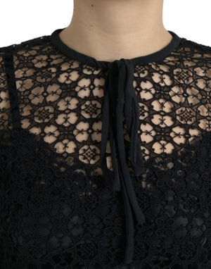 Black Floral Lace Short Sleeves Blouse Top