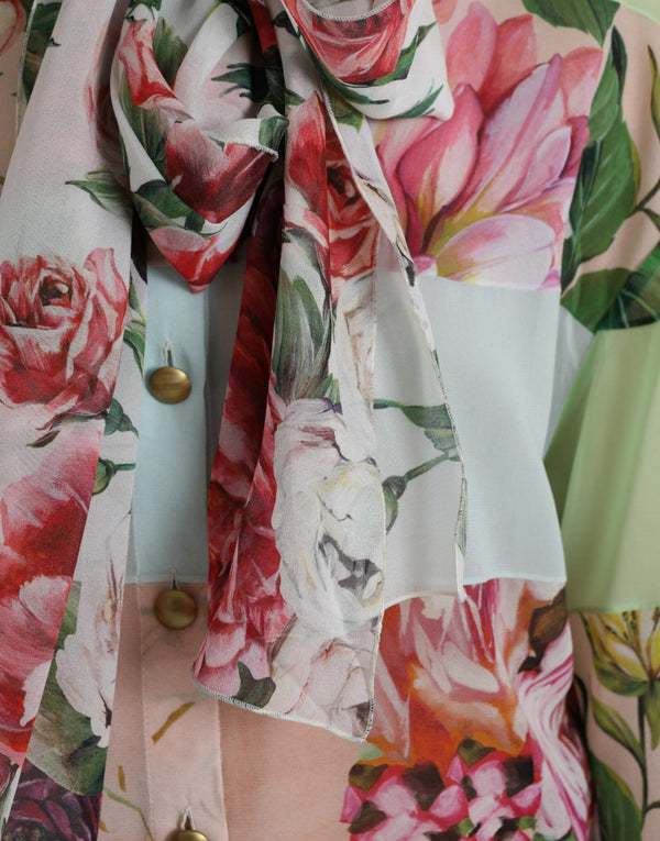 Multicolor Floral Patchwork Ascot Collar Top