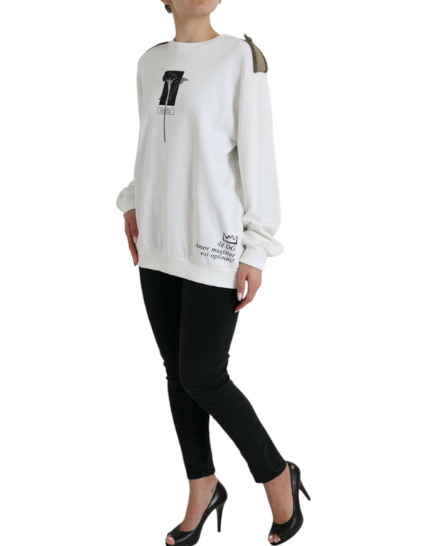 White Floral Cotton Crew Neck Pullover Sweater