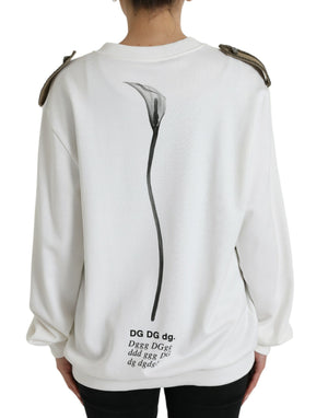 White Floral Cotton Crew Neck Pullover Sweater