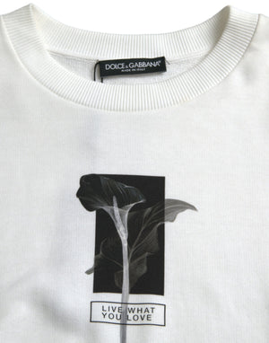 White Floral Cotton Crew Neck Pullover Sweater