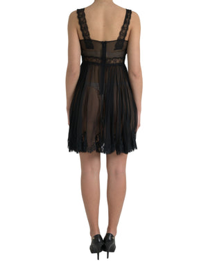 Black Silk Pleated Lace Chiffon Mini Dress