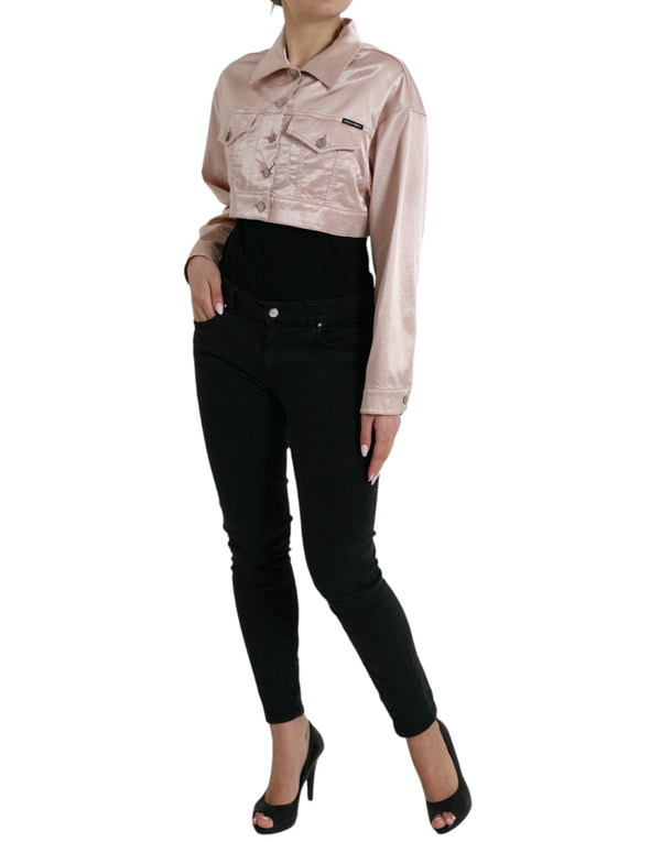 Pink Cotton Stretch Collared Cropped Jacket