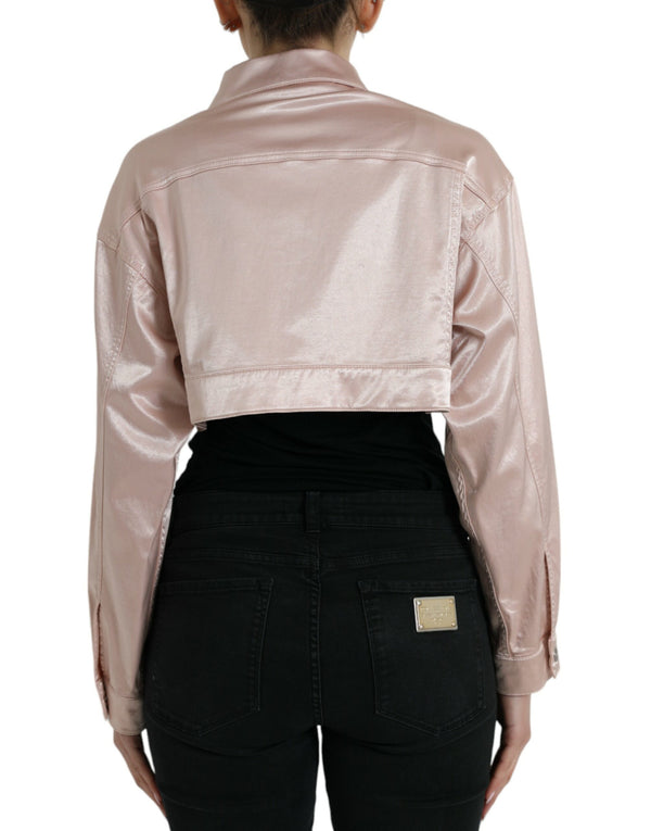 Pink Cotton Stretch Collared Cropped Jacket