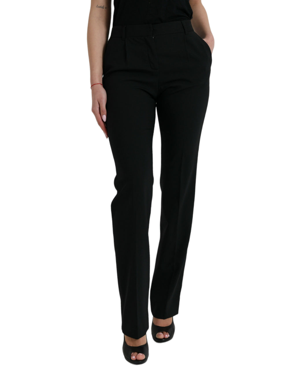 Black Wool Mid Waist Tapered Pants
