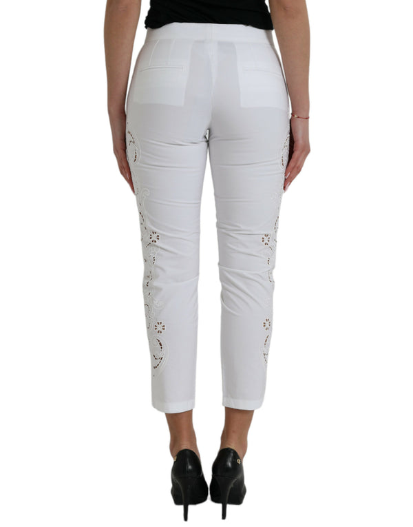 White Cut Out Cotton Mid Waist Cropped Pants