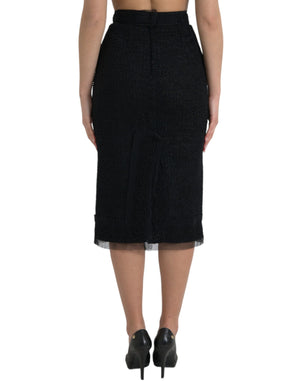 Black Wool High Waist Pencil Cut Midi Skirt