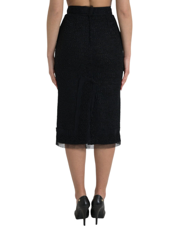 Black Wool High Waist Pencil Cut Midi Skirt