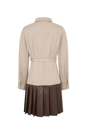 Belted Mixed-Media Pleated Shirt Dress