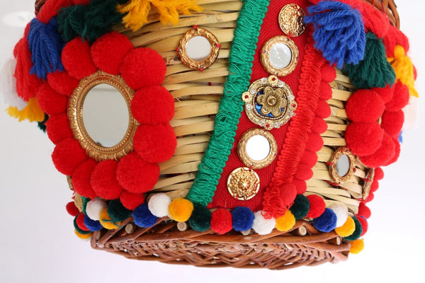 Multicolor AGNESE Straw Crystal  Pom Pom Bag