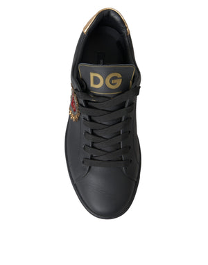 Black Leather Heart Embellished Sneakers Shoes