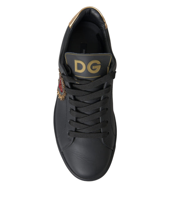 Black Leather Heart Embellished Sneakers Shoes