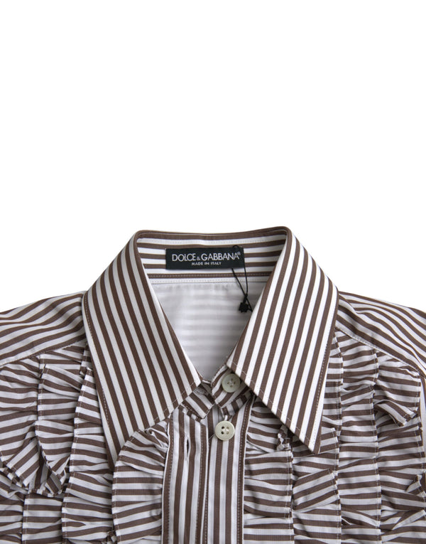 White Stripes Cotton Long Sleeves Ruffle Collar Top