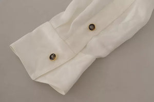 White Patterned Silk Ascot Collar Blouse Top