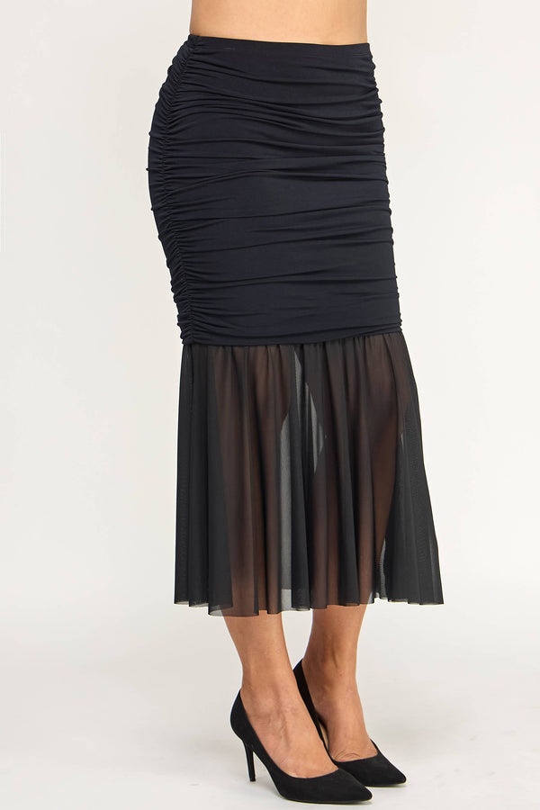 Ruched Mesh Mermaid Midi Skirt