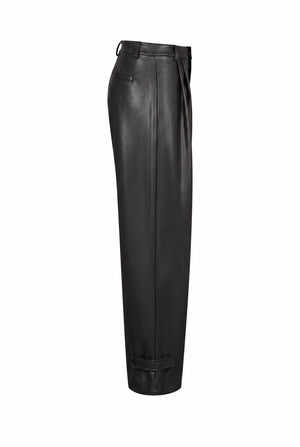 Faux Leather Pleated Wide-Leg Trousers