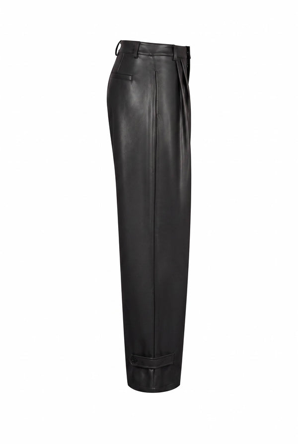 Faux Leather Pleated Wide-Leg Trousers